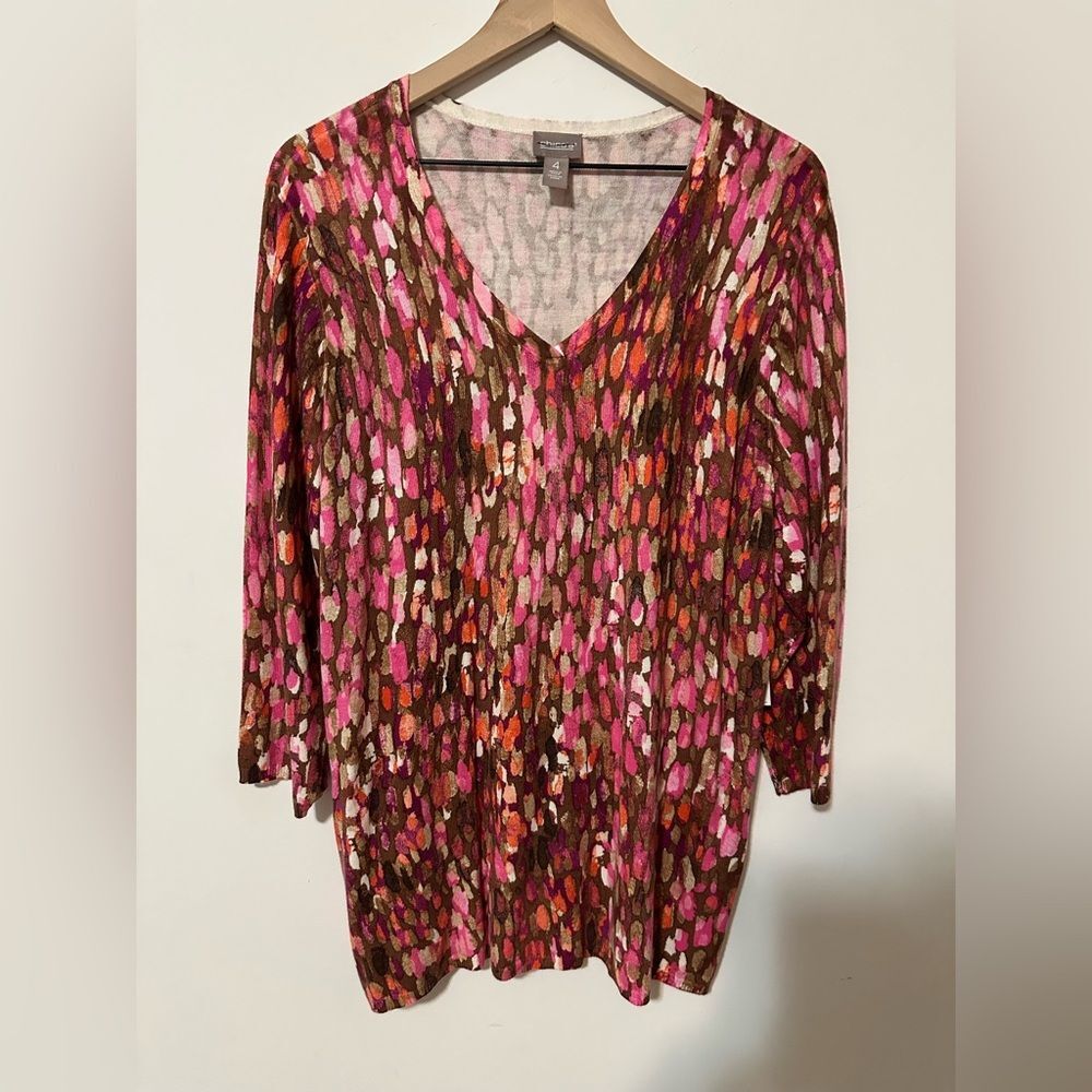 Chico’s Colorful Dots 3/4 Sleeves Sweater SZ 4 V Neck Pullover Top Multi Color